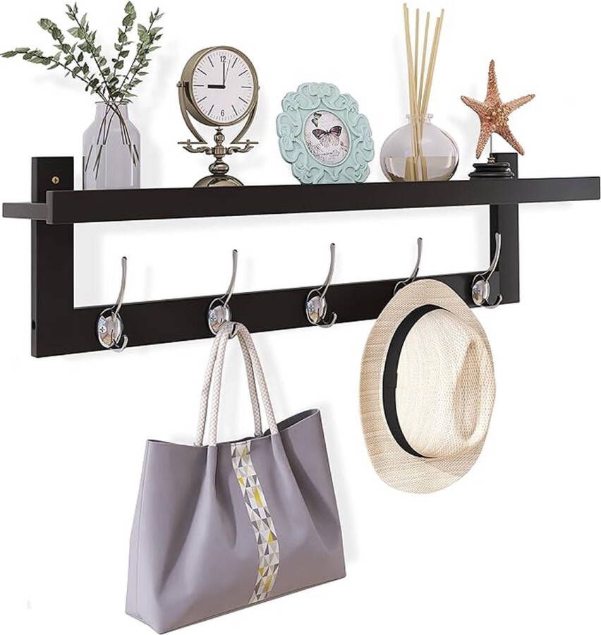 Kapstokken met wandmontage 29 2 inch kapstok voor muur bamboe hangende plank met 5 dubbele metalen haken voor badkamer slaapkamer keuken woonkamer modderdroom (zwart)