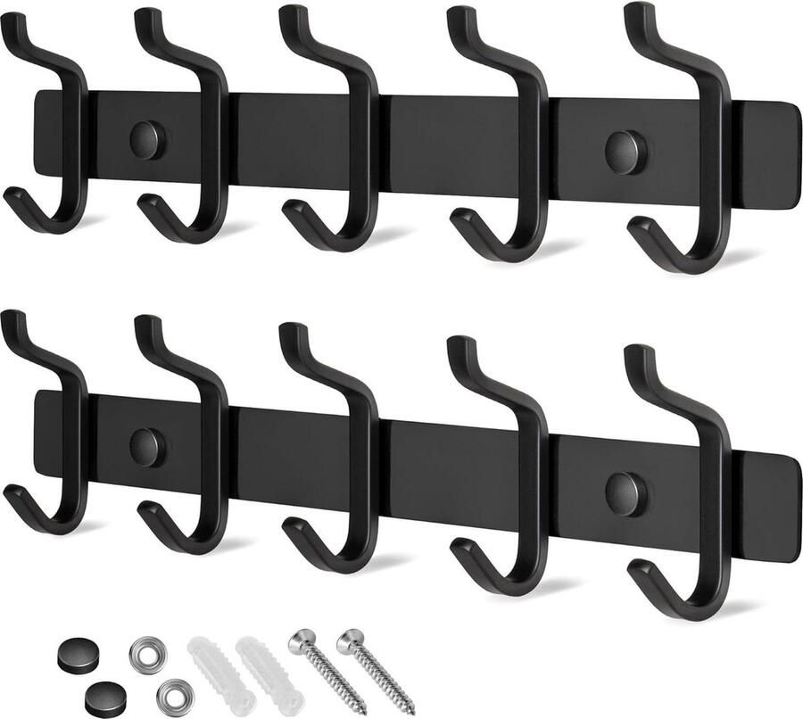 Kapstokken voor aan de muur heavy duty roestvrijstalen haken 2 stuks zwart wandmontage