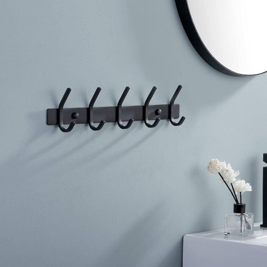 Kapstokrek met 5 handdoekhaken voor badkamer keuken gewaad hanger rail wandmontage roestvrij staal mat zwart