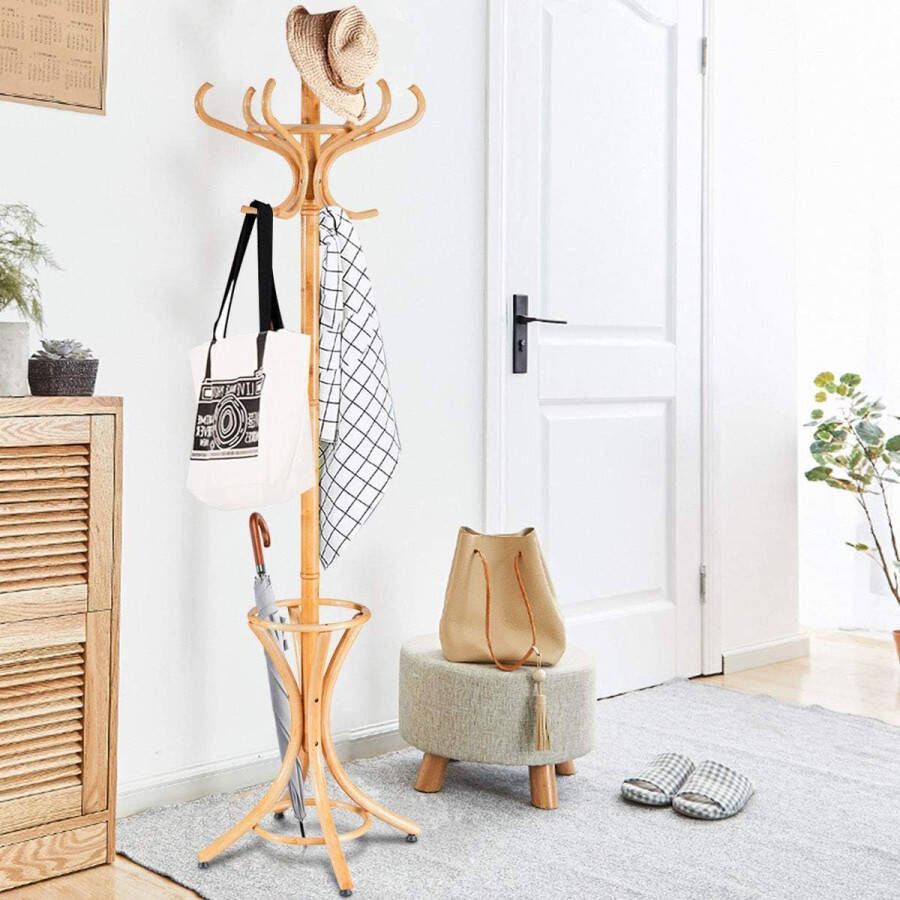 Kapstokstandaard met parasolvoet 184 cm jasstandaard met 12 kledinghaken kledingrek van hout garderobe staande garderobe voor hal woonkamer en slaapkamer (natuur)