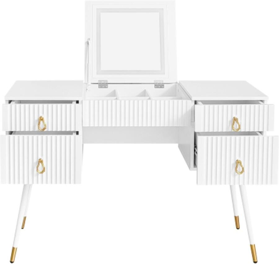 Kaptafel 120x45x80cm Make Up Tafel Rechthoekig Wit MDF Met LED Spiegel Verstelbare Helderheid Gouden Accessoires 4 Lades Veel Opbergruimte Universeel Bureau