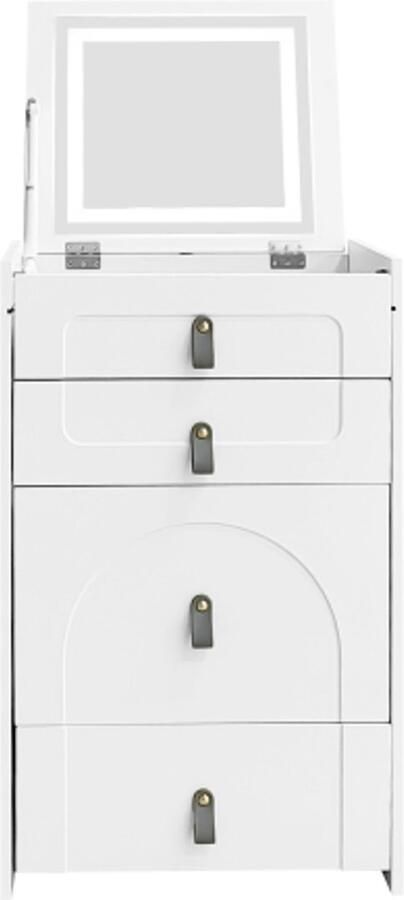 Kaptafel 50x40x80cm Make-up Kast Rechthoekig Wit MDF Met LED Verlichting Inclusief Opbergkruk Drie Lades Multifunctioneel Geschikt Voor Slaapkamer