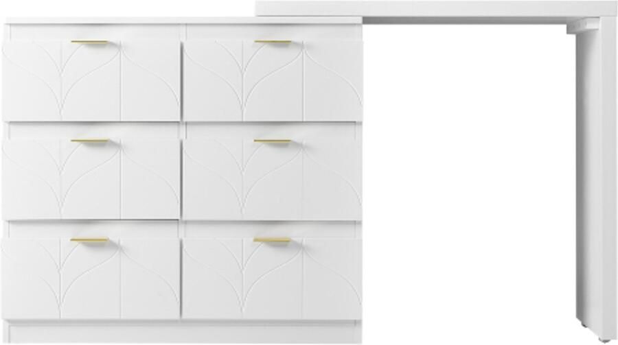 Kaptafel 80x40x73cm Makeuptafel Wit MDF Met Bijzettafel Gelakt 6 Lade Vergulde Handgrepen Draaibaar 180° Bloemenpatroon Rond Afgeronde Hoeken Geschikt voor slaapkamer