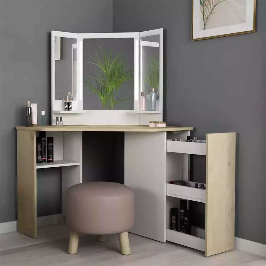 Vente-unique Kaptafel CHARLENE Spiegel met ledverlichting en opbergruimtes Wit en eiken L 117.2 cm x H 142 cm x D 60.6 cm - Foto 3