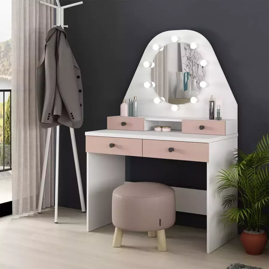 Vente-unique Kaptafel GABRIELA Spiegel met ledverlichting en opbergruimtes Wit en roze L 100 cm x H 147 cm x D 41 cm - Foto 3
