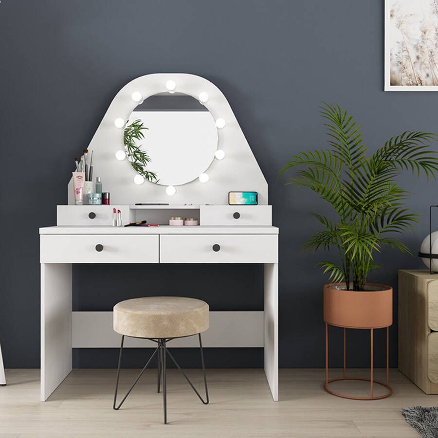 Vente-unique Kaptafel GABRIELA Spiegel met ledverlichting en opbergruimtes Wit L 100 cm x H 147 cm x D 41 cm - Foto 2