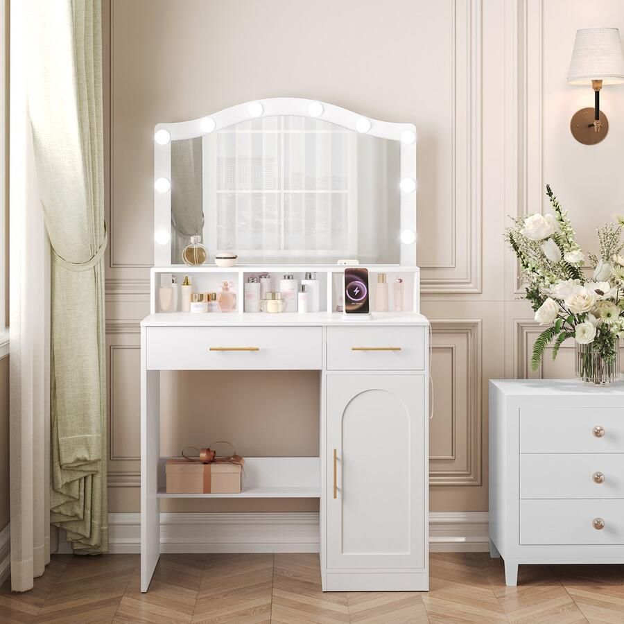 Make-up tafel kaptafel make-up spiegel voor meisjes met HD spiegel en in kleur verstelbare LED-verlichting met oplaadstation en USB-poort 2 lades en 1 opbergkast open opbergruimte cosmetische opbergtafel voor slaapkamers kleedkamers badkamers - Foto 2