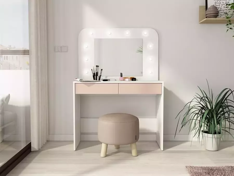 Kaptafel JOSEPHINE Spiegel met ledverlichting en opbergruimte Wit en roze L 100 cm x H 142 cm x D 42 cm