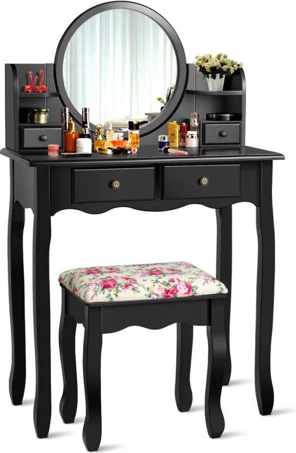 Kaptafel kaptafelset met kruk make-uptafel met 360° draaibare en verwijderbare spiegel kaptafel met 4 lades en 2 planken (zwart)