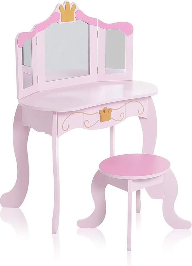 Kaptafel Kind Kaptafel Kinderen Met Krukje En Inklapbare Spiegels Kaptafel Voor Meisjes Met Houten Lade Make Up Tafel Kind Roze
