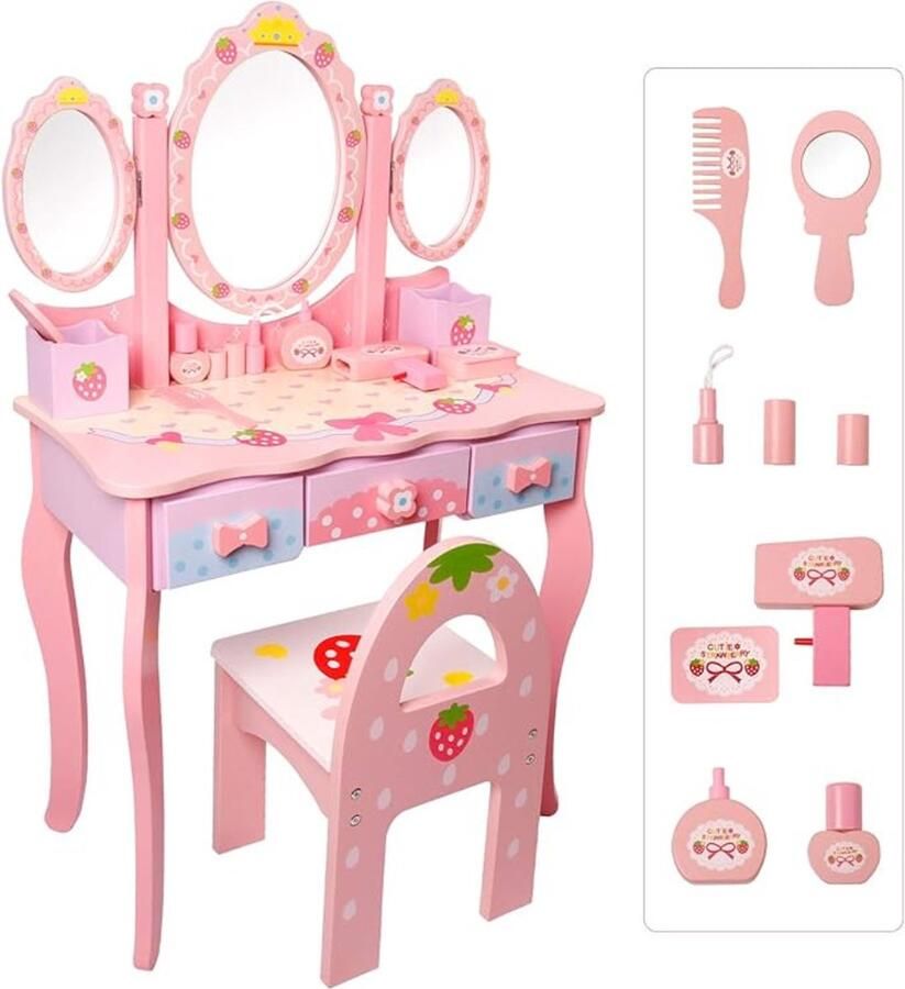 Kaptafel Kind Kaptafel Kinderen Met Krukje En Inklapbare Spiegels Kaptafel Voor Meisjes Met Houten Lades Make Up Tafel Kind – Inclusief Speelset Roze