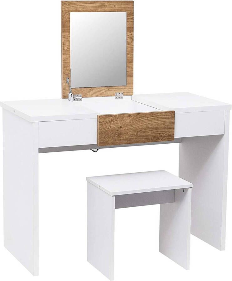 Kaptafel Make-up tafel in MDF met kruk Cosmetische tafel 100x47 5x72cm met spiegel opklapbare Wit+Eiken