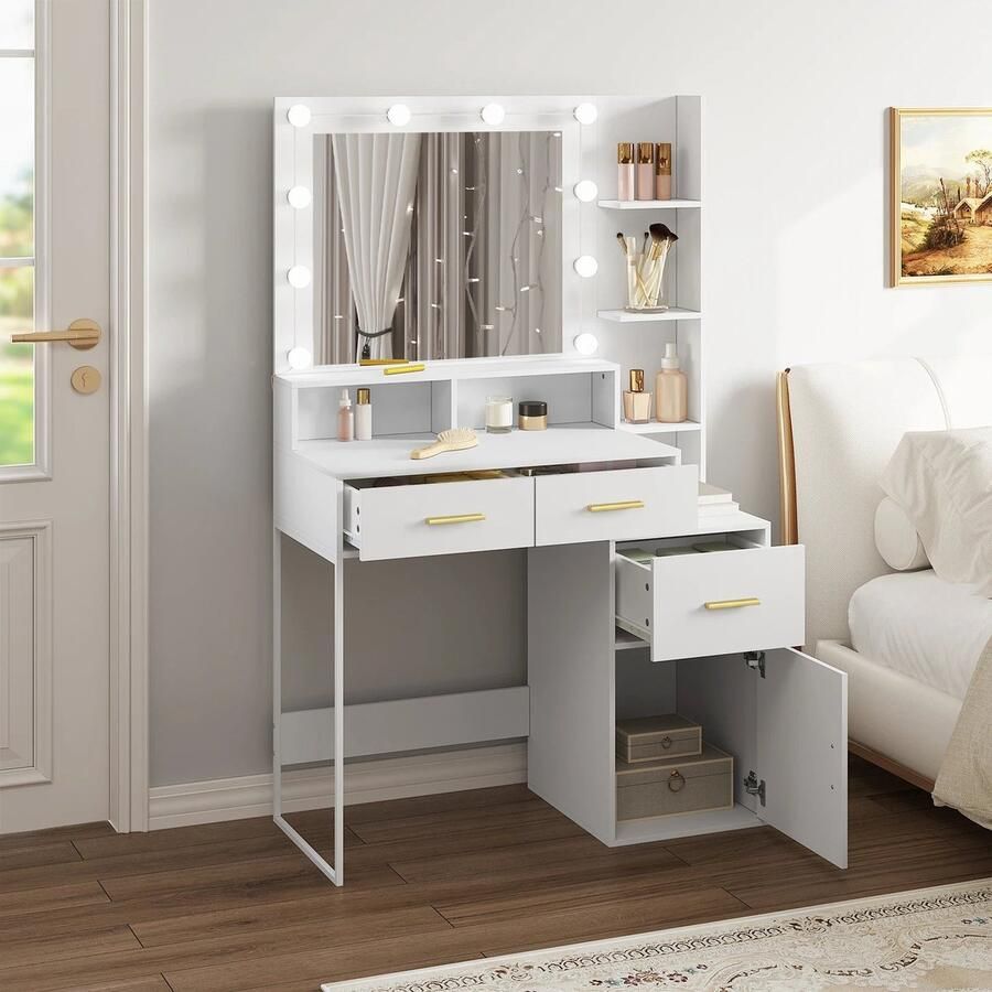 Kaptafel Make-up Tafel Kaptafel met spiegel en verlichting Verstelbare Helderheid 10 LED 1 Tafelblad 2 Lades 1 Opbergvak 3 Planken 90x143x39.5 cm Wit