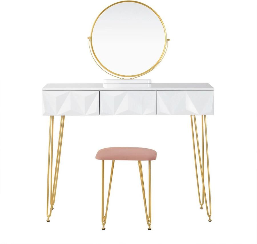 JKN Shop Kaptafel Make-Up Tafel Kaptafel Set met Spiegel 360° Draaibare Make-Up Spiegel 3 Lades Fluwelen Kruk Wit Goud
