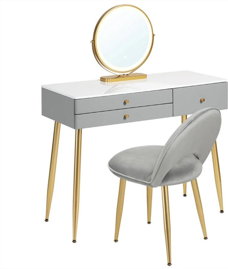 Corenia Make-Up Tafel Kaptafel Set met Verlichte Spiegel – Verstelbare LED – Make-up Tafel met 3 Lades Fluwelen Stoel – Moderne Slaapkamermeubel Tafel 100x40x122cm Stoel 44x47x80cm Grijs