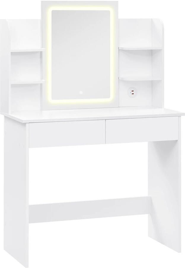 Corenia Kaptafel Make-up Tafel Make up Tafel met Spiegel en Lampen 90x135x40 cm 2 USB Poorten 2 Lades 6 Opbergplanken Verstelbare Helderheid Wit