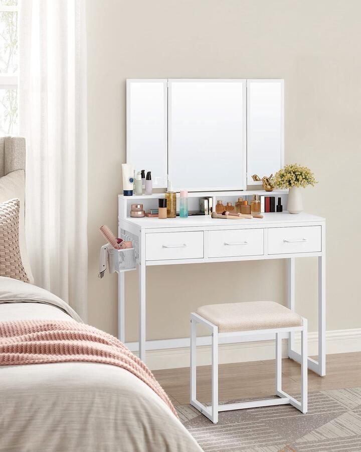 Kaptafel Make-up Tafel met Drievoudige Spiegel en Kruk Modern Design Wit Stevig en Duurzaam 141 x 90 x 40 cm