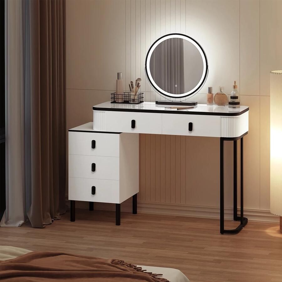 Valora Kaptafel Make Up Tafel Met LED Verlichting Spiegel 5 Lades Opbergruimte Zwart Wit