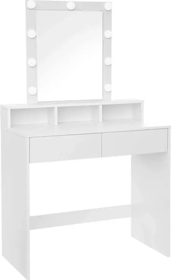 Kaptafel make up tafel met spiegel en gloeilampen cosmetische tafel met 2 lades en 3 open vakken 80 x 40 x 145 cm wit RDT114W01