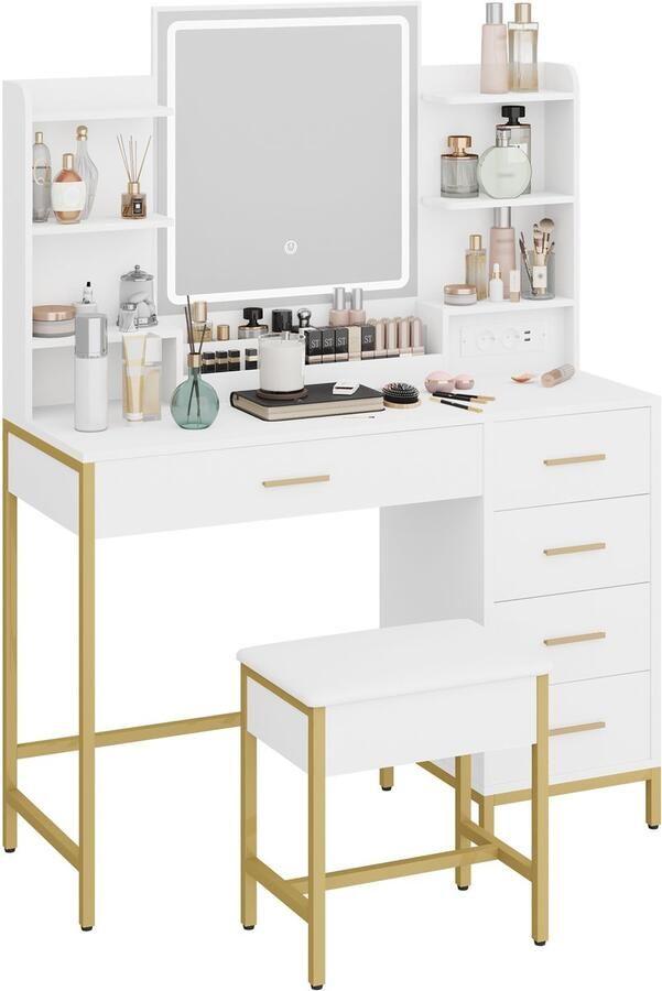 Make-up tafel set 2-delig dressoir ijdelheid tafel en kruk set met HD spiegel en LED-verlichting USB-oplaadpoort 5 laden moderne minimalistische stijl voor slaapkamer kleedkamer poederkamer badkamer