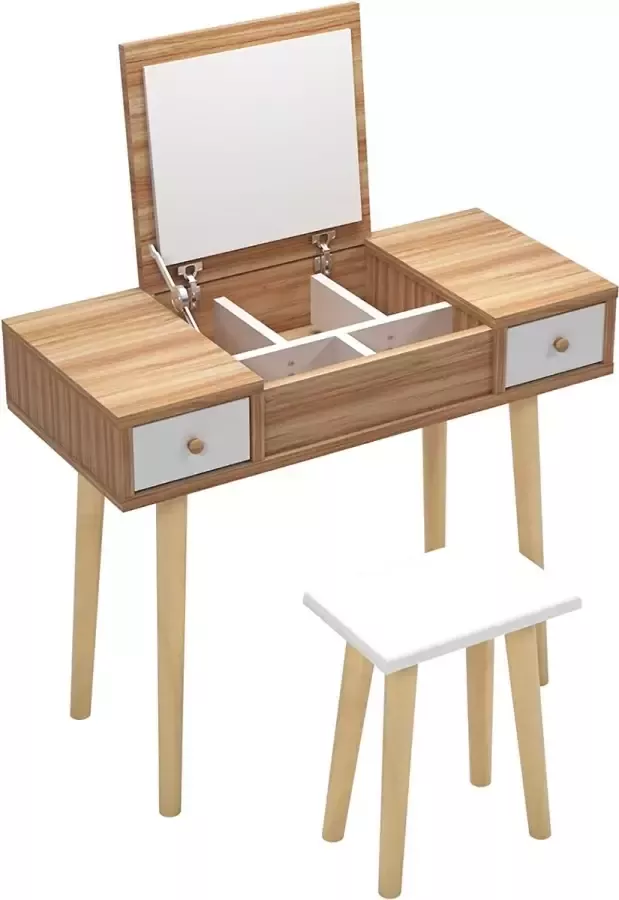 Kaptafel met 1 opklapbare spiegel en 2 lades Scandinavisch klein bureau 90 x 40 cm Modern computerbureau Werktafel Kantoortafel Laptop-pc-tafel voor slaapkamer Woonkamer