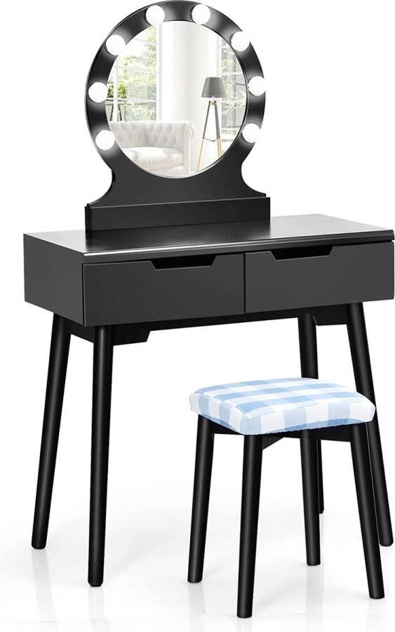 kaptafel met 8 LED-lampjes en aanraakschakelaar Instelbare helderheid kaptafel met spiegel make-uptafel met 2 lades grote ronde spiegel gedempte kruk voor slaapkamer (zwart)