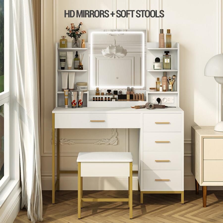 Make-up tafel set 2-delig dressoir ijdelheid tafel en kruk set met HD spiegel en LED-verlichting USB-oplaadpoort 5 laden moderne minimalistische stijl voor slaapkamer kleedkamer poederkamer badkamer - Foto 3