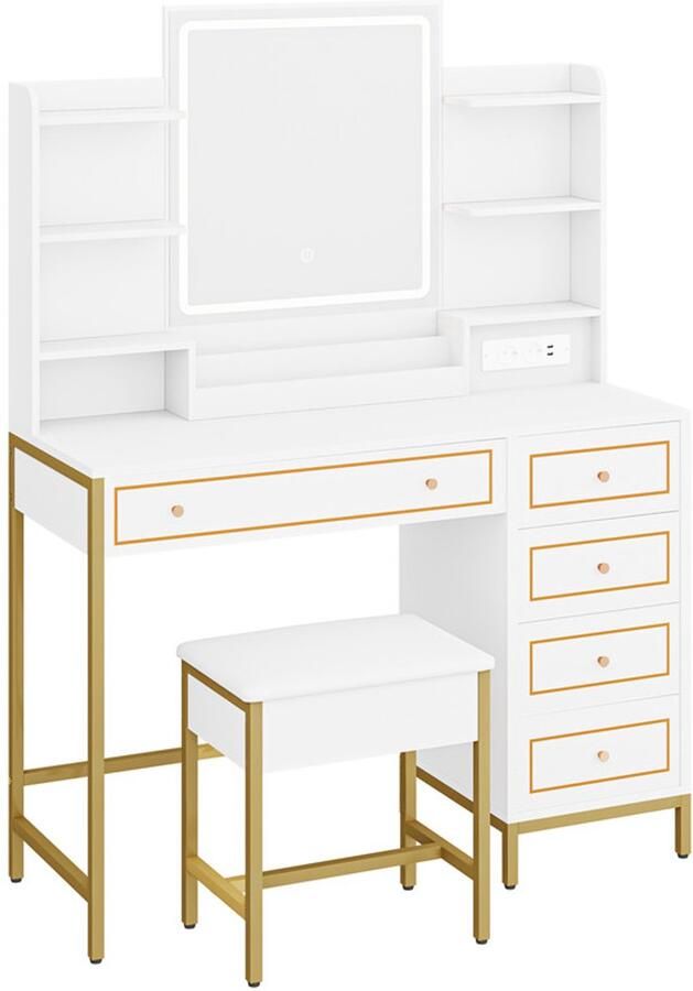 Kaptafel met gestoffeerde kruk HD-spiegel en verstelbare LED-verlichting stopcontact en USB 5 laden open opbergvak Art Deco wit-goud