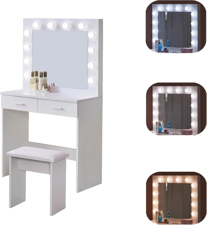Kaptafel met Hollywood-spiegel en LED-verlichting voor meisjes Witte make-uptafel met opbergladen en kruk