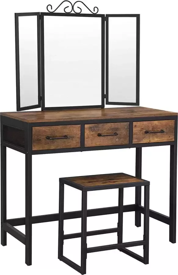 Kaptafel met kruk Dressing Table met 3-delige klapspiegel en 3 lades stalen frame vintage bruin-zwart RVT02BX