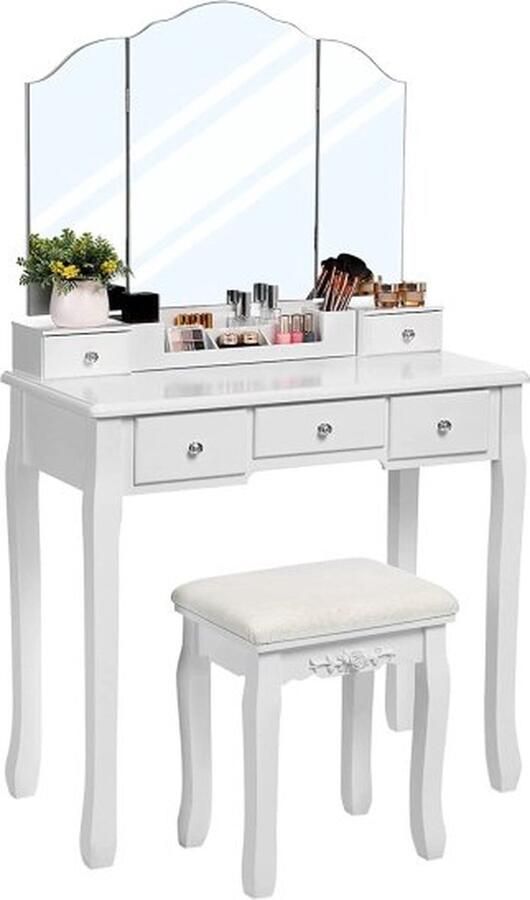 Songmics RDT28WT kaptafel met kruk en 3-delige inklapspiegel met afneembare cosmeticadoos eenvoudig te monteren in wit