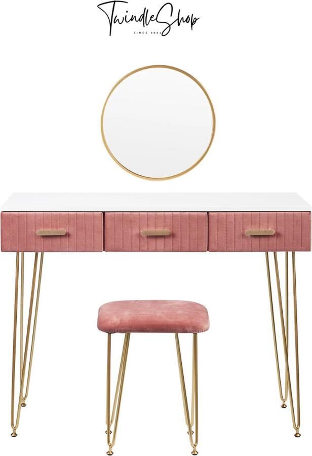 Woltu TwindleShop Woltu Moderne Kaptafel Set Met Kruk En Spiegel Make Up Tafel Met Spiegel Toilettafel Roze Met Goude Poten 100 x 77 5 x 40 cm (L x H x B)