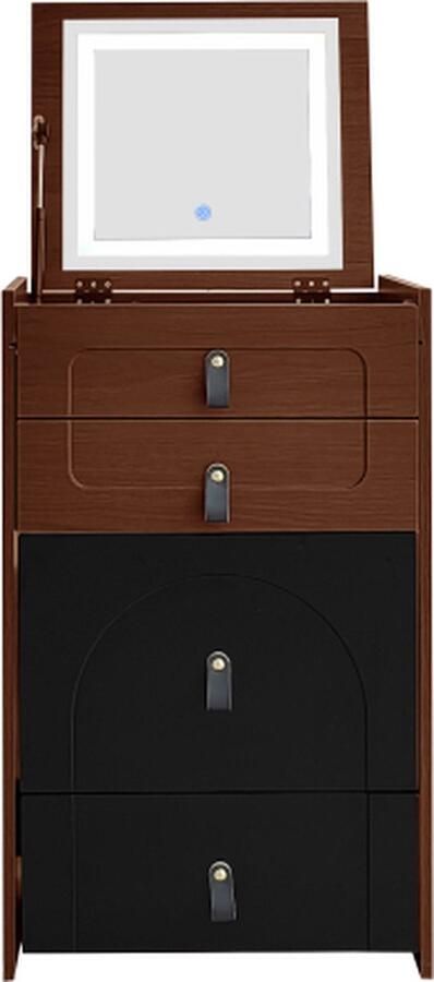 Zonder merk Gotagee Kaptafel met make-upkruk Multifunctionele opbergkruk Nachtkastje Zwart en bruin met spiegel en LED-verlichting met 3 lades