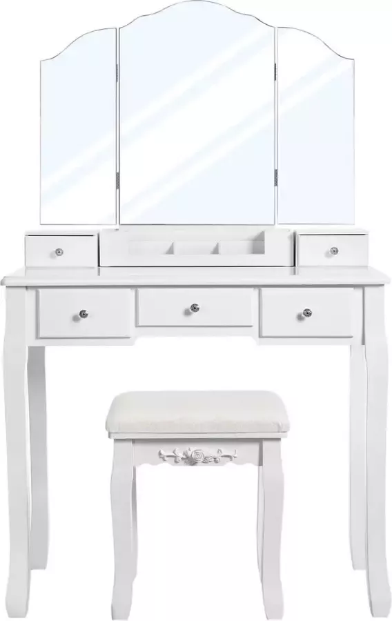 Kaptafel met opklapbare spiegel en 5 laden cosmetische tafel met uitneembare make-up organizer met krukje wit RDT28WT