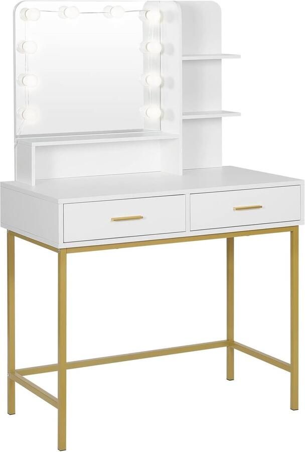 Kaptafel met Spiegel en 10 LED Lampen – Make-uptafel met 2 Lades en 4 Open Vakken – Wit met Goud – 90x45x137 5 cm