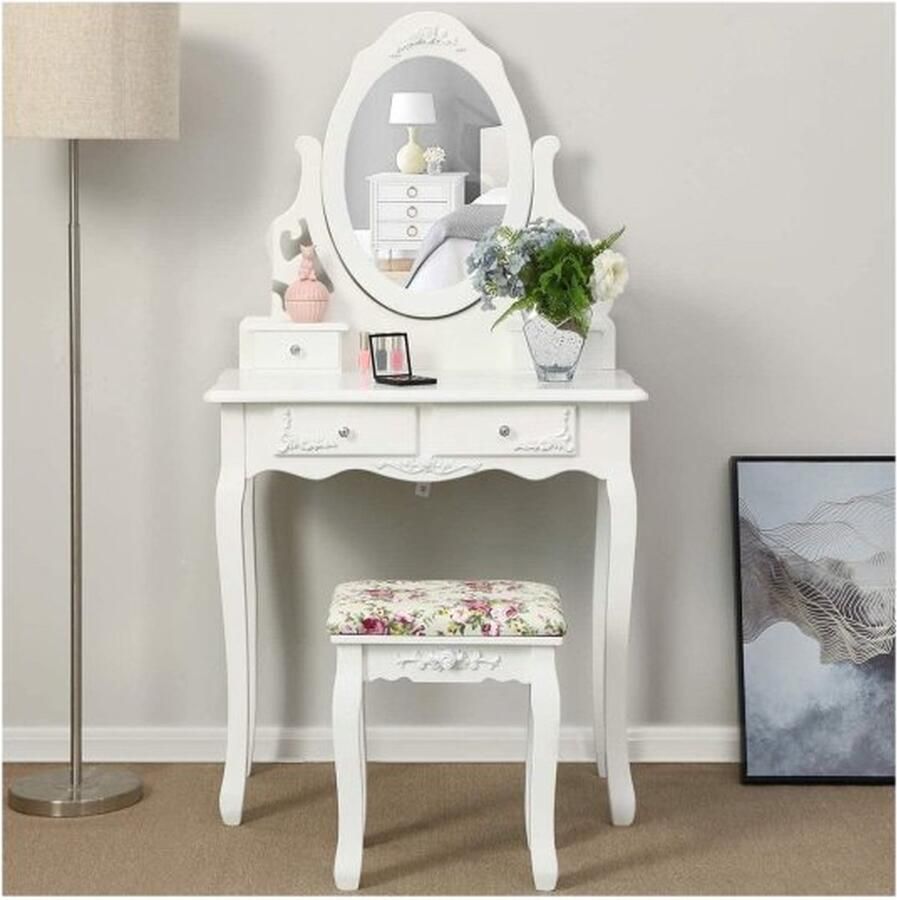 ZaZa Home & Office ZAZA Home kaptafel met spiegel en Krukje- 4 lades incl -2 tussenschotten- wit -75 x 139 x 40 cm-Make up tafel