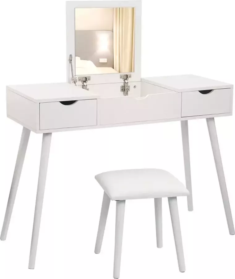 Kaptafel met Spiegel en Stoel Make Up Tafel Toilettafel Meisjes Krukje Slaapkamer Kinderen en Volwassenen Wit