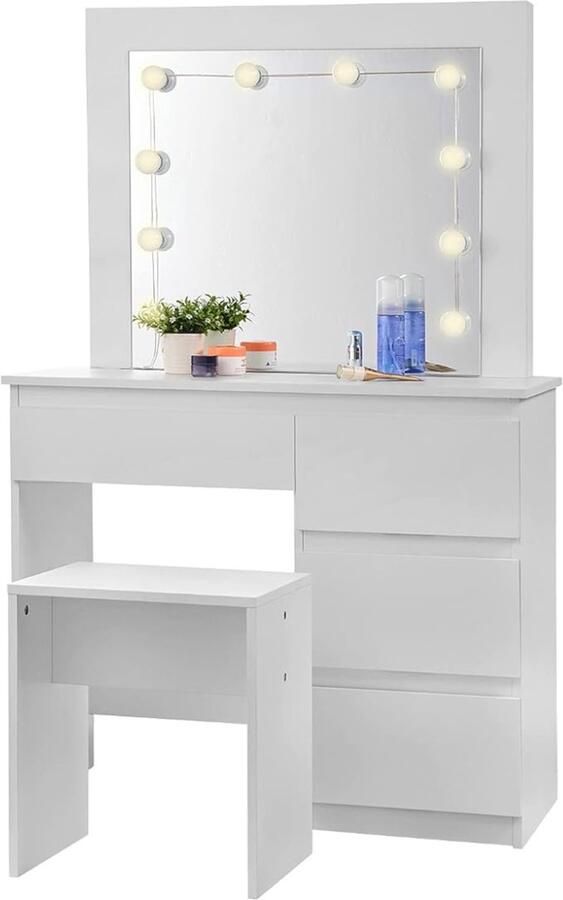 Kaptafel Met Spiegel En Verlichting Make Up Tafel Met Spiegel En Lampen Nachtkast Met 4 Laden – Toilettafel Met Kruk Make Up Tafel Met Verlichting Groot Tafelblad 90 x 40 cm Makeup Tafel Wit