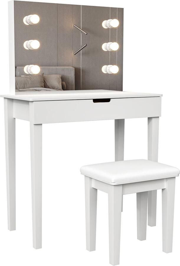 GOTAGEE Kaptafel met spiegel kaptafelkruk kaptafelset met 6 lampen wit