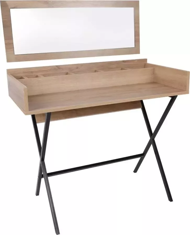 Kaptafel met Spiegel Zwart Eiken Design 100x50x89cm Make-up Tafel met 6 Opbergvakjes