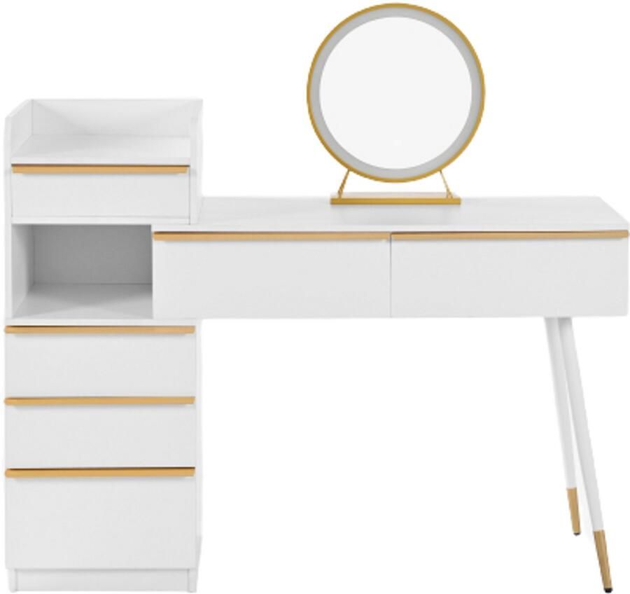 Kaptafel met uitschuifbaar tafelblad 6 lades en goudkleurige handgrepen LED-spiegel met dimbaar licht wit afmetingen: 102 x 100 x 41 5 cm (H x B x D). Krukje niet inbegrepen