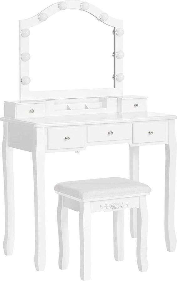 Kaptafel Set Make-Up Tafel Kruk Spiegel Verlichting Opbergdoos 6 Compartimenten 5 Laden Wit Bewerkt Hout 80 x 40 x 139 cm