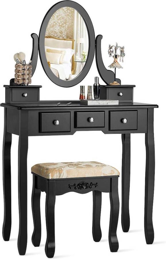 Kaptafel set met 360 ° draaibare ovale spiegel make-uptafel kaptafel voor vrouwen meisjes multifunctionele make-up tafel met 5 laden (Zwart)