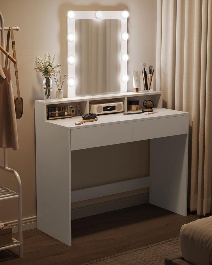 Rootz Living Rootz Kaptafel van witte spaanplaat Kaptafel Make-upbureau Ruime opbergruimte Stevige constructie Eenvoudige montage 40 cm x 100 cm x 145 cm