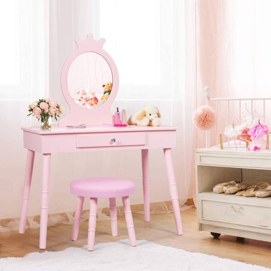 Kaptafel voor kinderen make-uptafel met kruk en afneembare spiegel kaptafel voor meisjes kaptafel met lade 70 x 34 x 100 cm roze