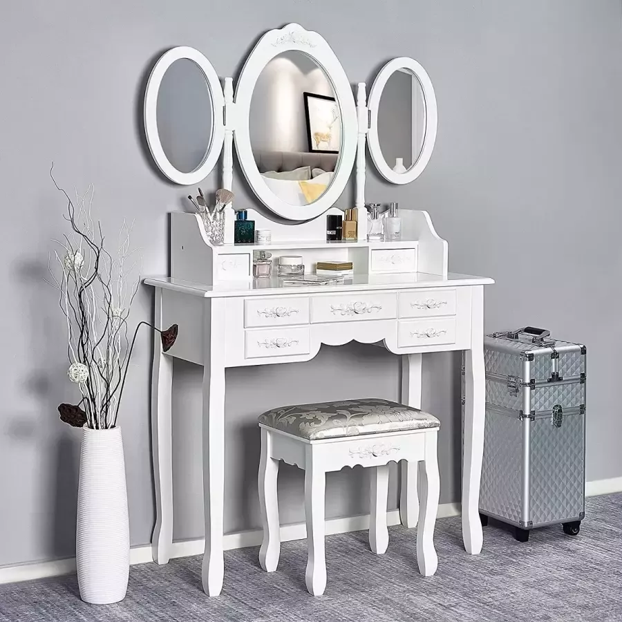 Kaptafel Witte make up tafel Slaapkamer meubilair met 7 lades en 3 ovale draaibare spiegels