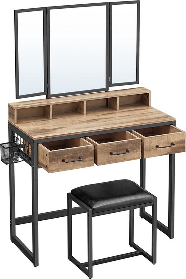 Rootz Living Rootz Kaptafelset Vanity Desk Make-uptafel Spaanplaat Stalen poten Glazen blad Kunstleerkruk 40 cm x 90 cm x 141 cm