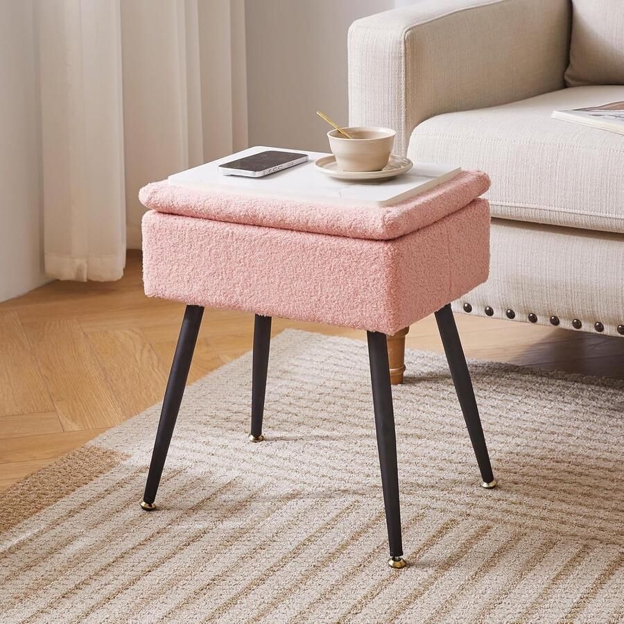 Kaptafelstoel met opbergruimte – Roze rechthoekige Ottomaanse kruk met metalen poten multifunctionele make-upkruk voor slaapkamer