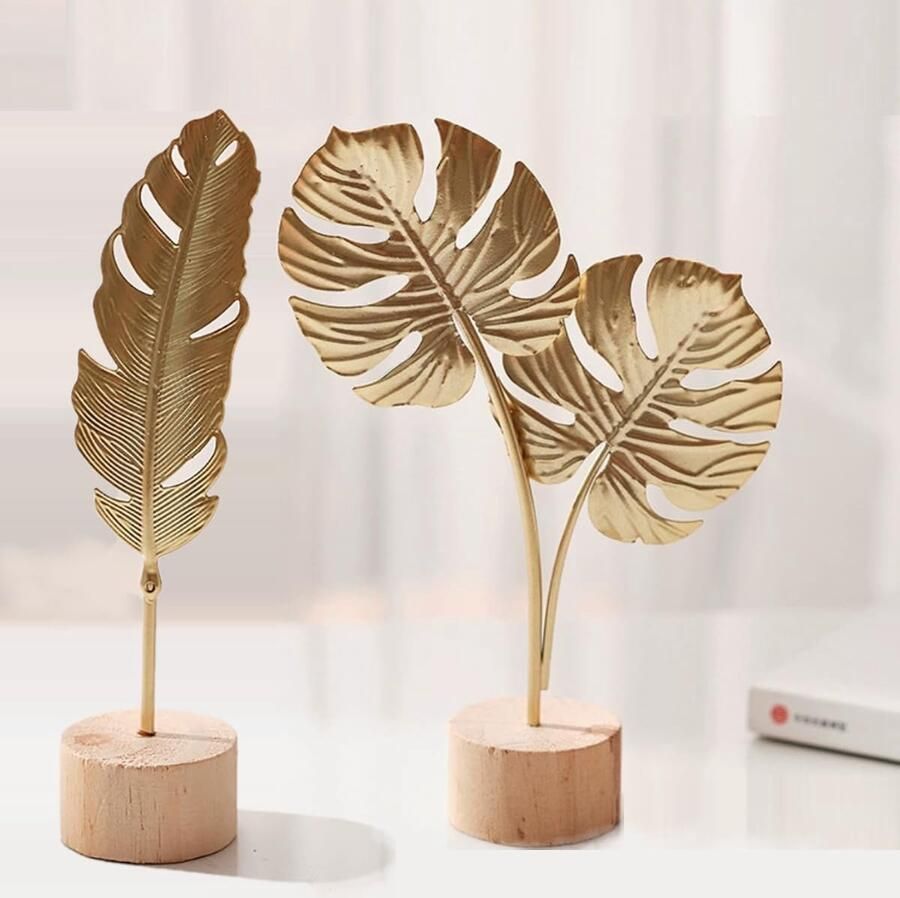 KARLOR 2-delige gouden beelddecoratie veersculptuur + schildpadbladbeelddecoratie huisdecoraties sculpturen metalen bladeren goud woonkamertafeldecoratie nachtkastje bureaubladdecoratie Scandinavische stijl cadeau