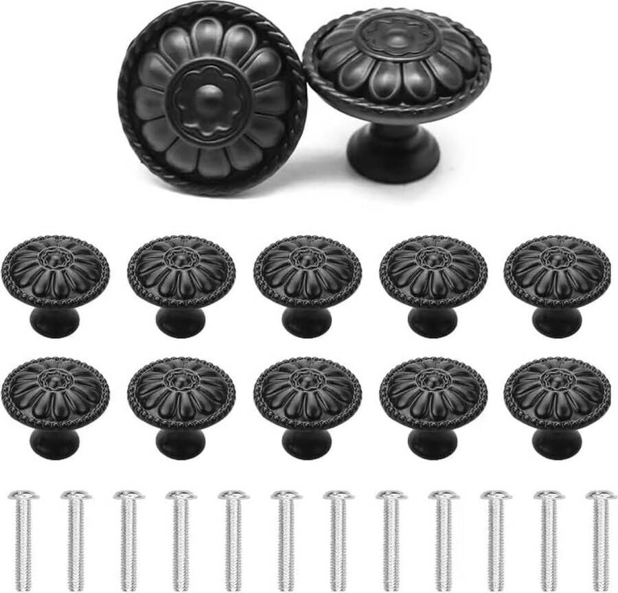 Kast knoppen 12 stuks ronde lade knoppen 30 mm meubelknop zwart met schroeven kastdeurknoppen bloemen patroon ronde ladeknoppen vintage voor meubels commode